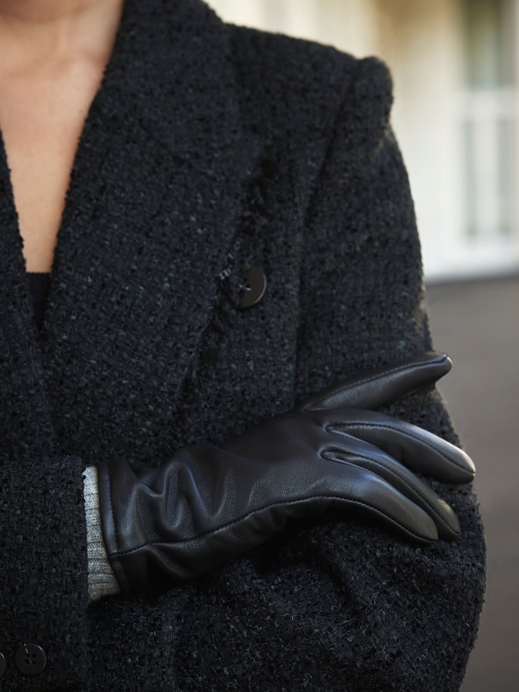 Mint Velvet Black Leather Knit Trim Gloves - Image 1 of 4