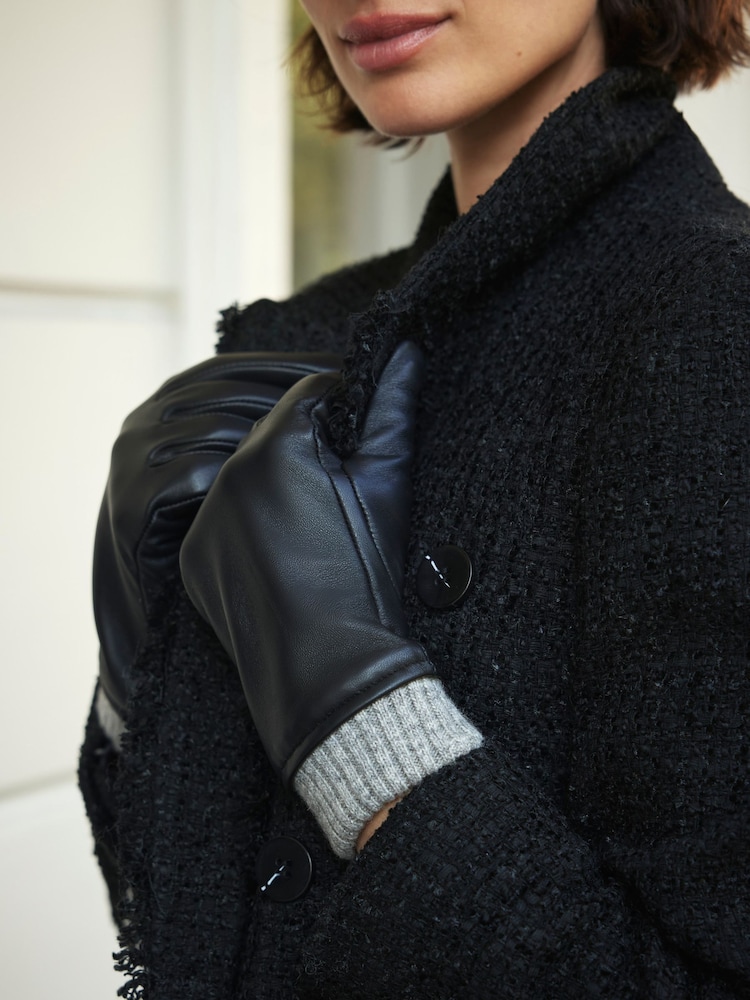 Mint Velvet Black Leather Knit Trim Gloves - Image 2 of 4