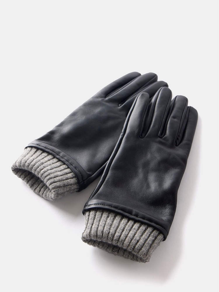 Mint Velvet Black Leather Knit Trim Gloves - Image 4 of 4