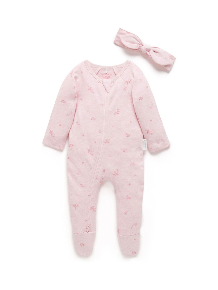 Purebaby Pink Zip 100% Cotton Sleepsuit & Headband Set - Image 2 of 5 Purebaby Pink Zip 100% Cotton Sleepsuit & Headband Set - Image 2 of 5