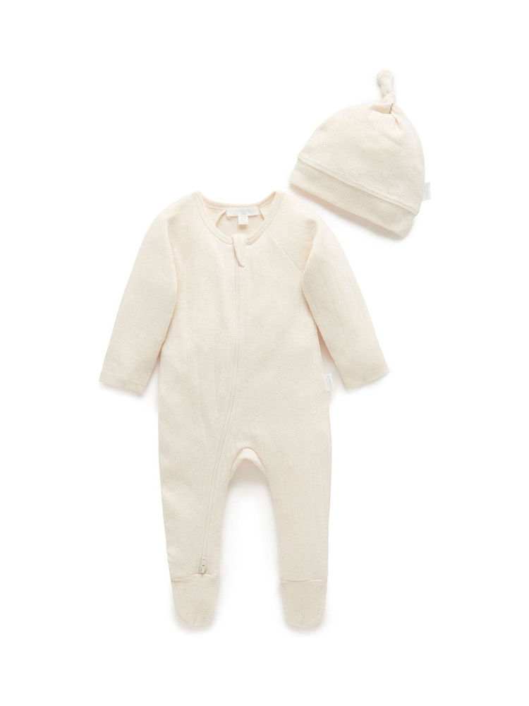 Purebaby Natural Zip Sleepsuit & Hat 2 Pack - Image 1 of 3