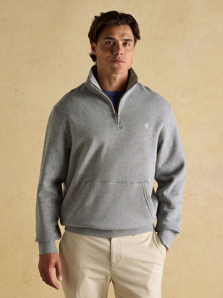 Joules Jenkins Grey Brushed Cotton Quarter Zip Sweatshirt - Image 1 of 7