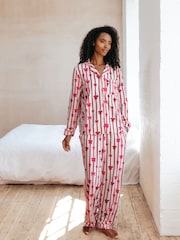 Chelsea Peers White Organic Cotton Christmas Ribbon Bow Print Long Pyjamas Set - Image 1 of 5