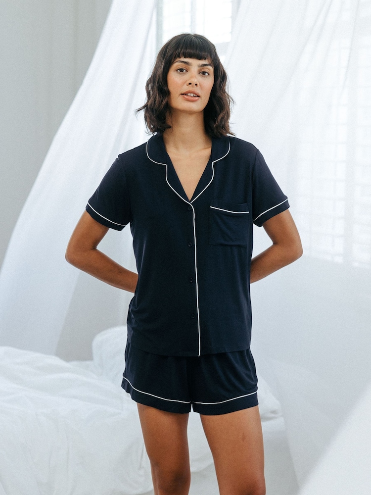 Chelsea Peers Blue TENCEL™ Modal Short Button Up Pyjamas Set - Image 1 of 5 Chelsea Peers Blue TENCEL™ Modal Short Button Up Pyjamas Set - Image 1 of 5