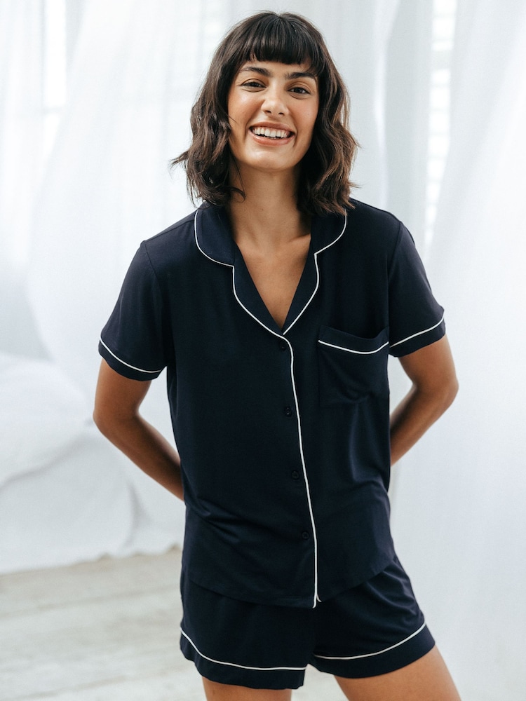 Chelsea Peers Blue TENCEL™ Modal Short Button Up Pyjamas Set - Image 2 of 5 Chelsea Peers Blue TENCEL™ Modal Short Button Up Pyjamas Set - Image 2 of 5