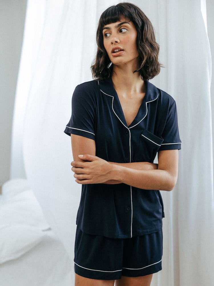 Chelsea Peers Blue TENCEL™ Modal Short Button Up Pyjamas Set - Image 5 of 5 Chelsea Peers Blue TENCEL™ Modal Short Button Up Pyjamas Set - Image 5 of 5
