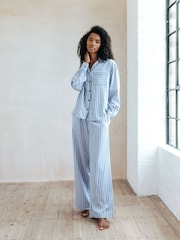 Chelsea Peers Blue Sateen Stripe Long Cotton Pyjamas Set - Image 1 of 5