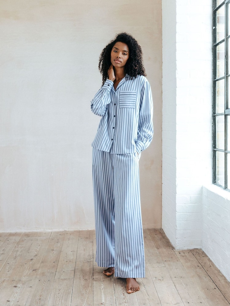 Chelsea Peers Blue Sateen Stripe Long Cotton Pyjamas Set - Image 1 of 5
