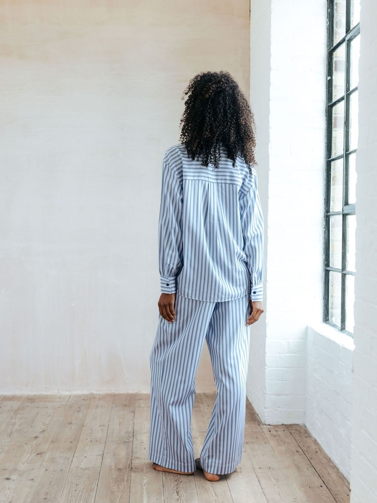 Chelsea Peers Blue Sateen Stripe Long Cotton Pyjamas Set - Image 2 of 5