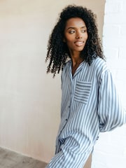 Chelsea Peers Blue Sateen Stripe Long Cotton Pyjamas Set - Image 5 of 5