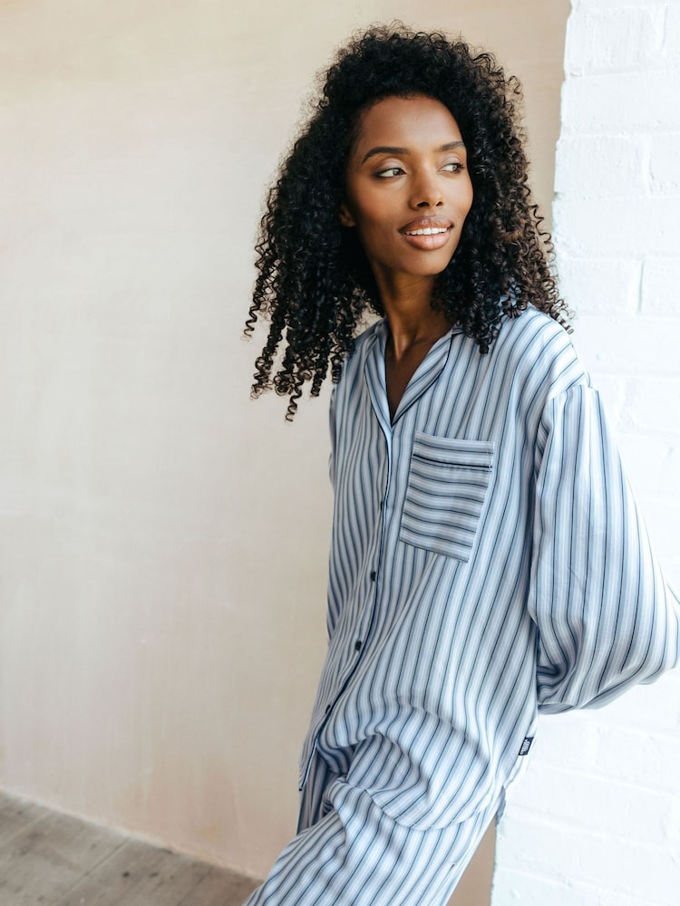 Chelsea Peers Blue Sateen Stripe Long Cotton Pyjamas Set - Image 5 of 5