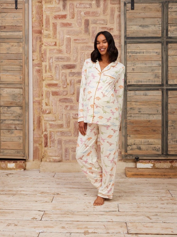 Chelsea Peers White Maternity Dinosaur Print Long Pyjama Set - Image 1 of 5