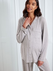 Chelsea Peers Grey Maternity TENCEL™ Modal Long Button Up Pyjamas Set - Image 3 of 5