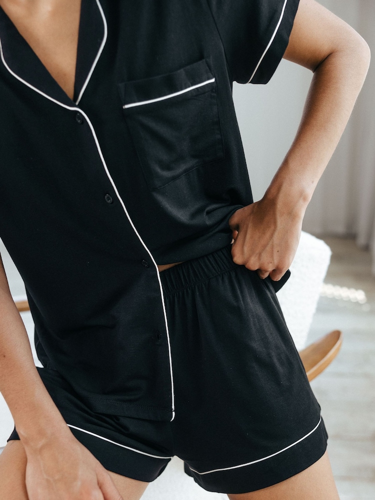 Chelsea Peers Black TENCEL™ Modal Short Button Up Pyjamas Set - Image 5 of 5 Chelsea Peers Black TENCEL™ Modal Short Button Up Pyjamas Set - Image 5 of 5