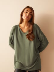 Friends Like These Khaki Green Soft Jersey V-Neck Long Sleeve Tunic Top - Image 1 of 4