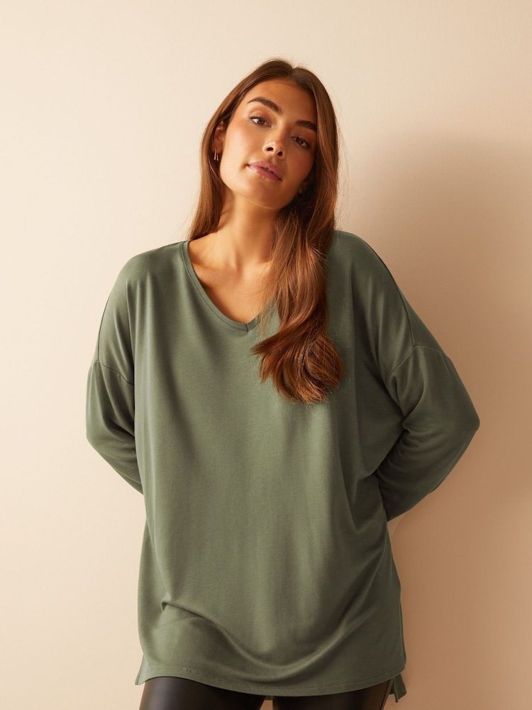 Friends Like These Khaki Green Soft Jersey V-Neck Long Sleeve Tunic Top - Image 1 of 4