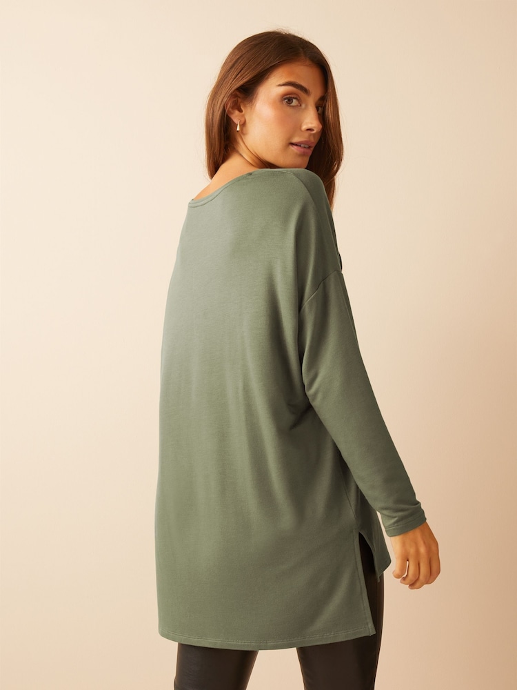Friends Like These Khaki Green Soft Jersey V-Neck Long Sleeve Tunic Top - Image 2 of 4