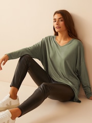 Friends Like These Khaki Green Soft Jersey V-Neck Long Sleeve Tunic Top - Image 3 of 4