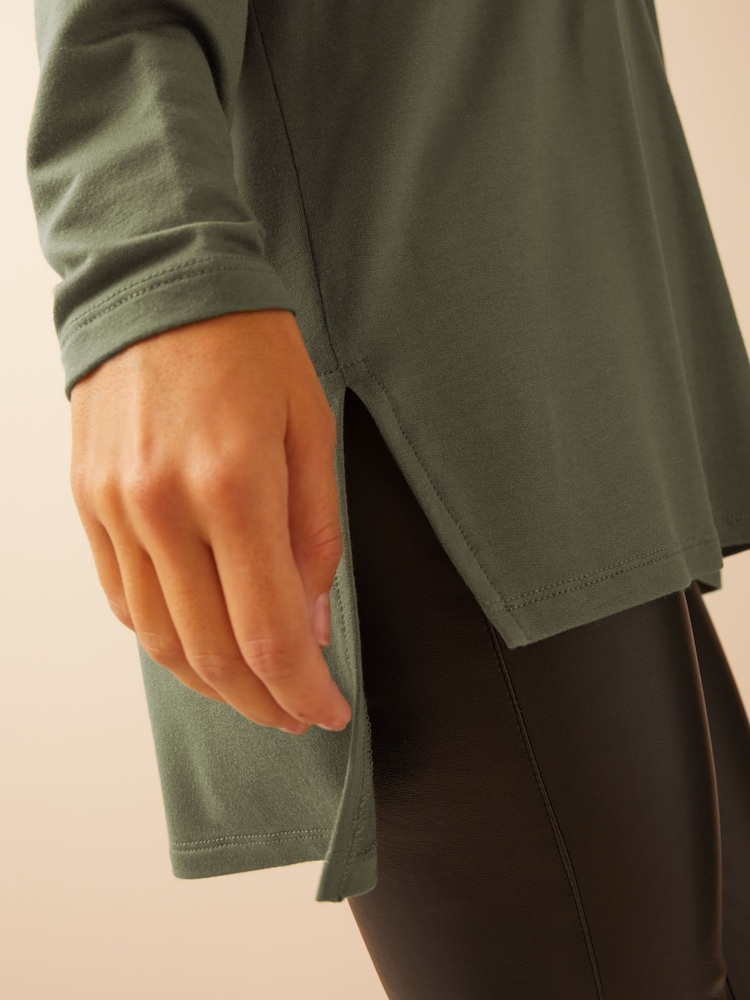 Friends Like These Khaki Green Soft Jersey V-Neck Long Sleeve Tunic Top - Image 4 of 4