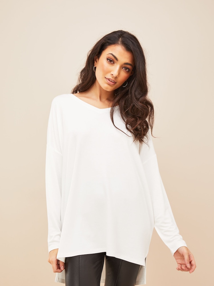 Friends Like These Ivory Soft Jersey V-Neck Long Sleeve Tunic Top - Image 1 of 4