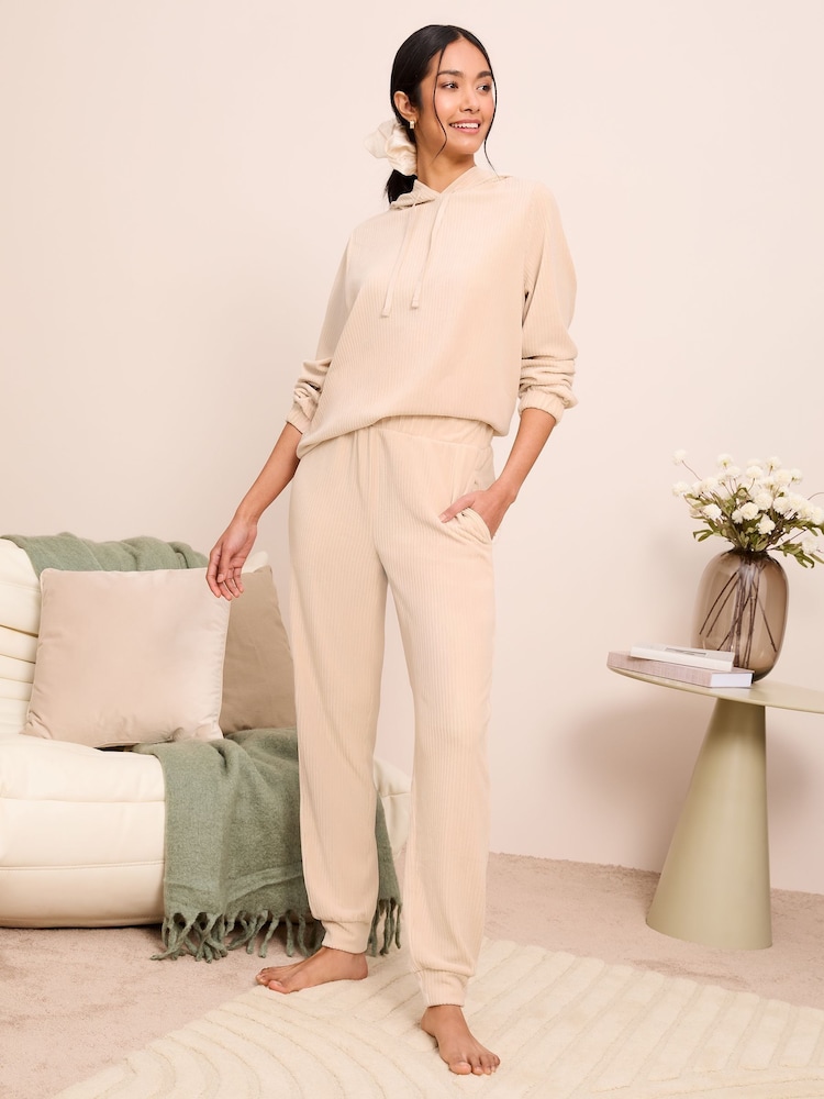 Friends Like These Cream Cosy Velour Ribbed Long Sleeve Pyjamas Hoodie - Image 1 of 4