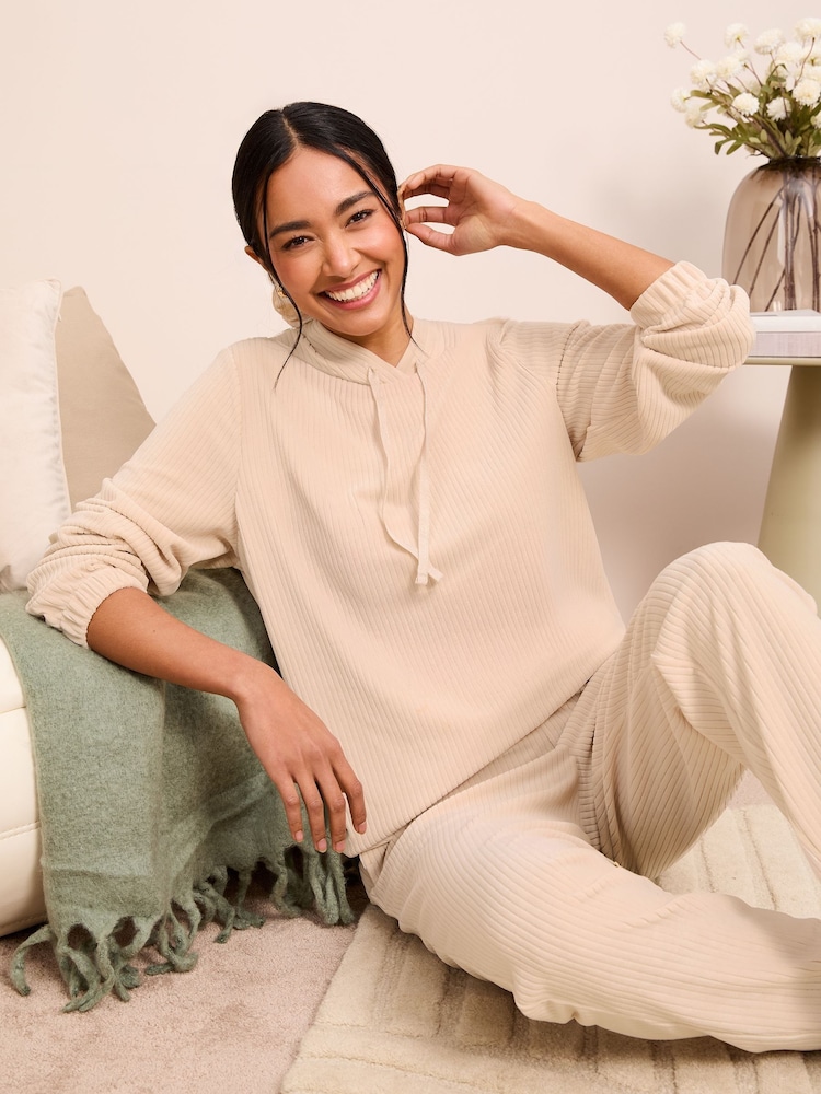 Friends Like These Cream Cosy Velour Ribbed Long Sleeve Pyjamas Hoodie - Image 2 of 4