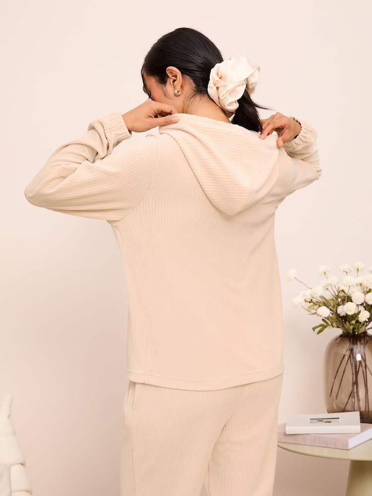 Friends Like These Cream Cosy Velour Ribbed Long Sleeve Pyjamas Hoodie - Image 4 of 4