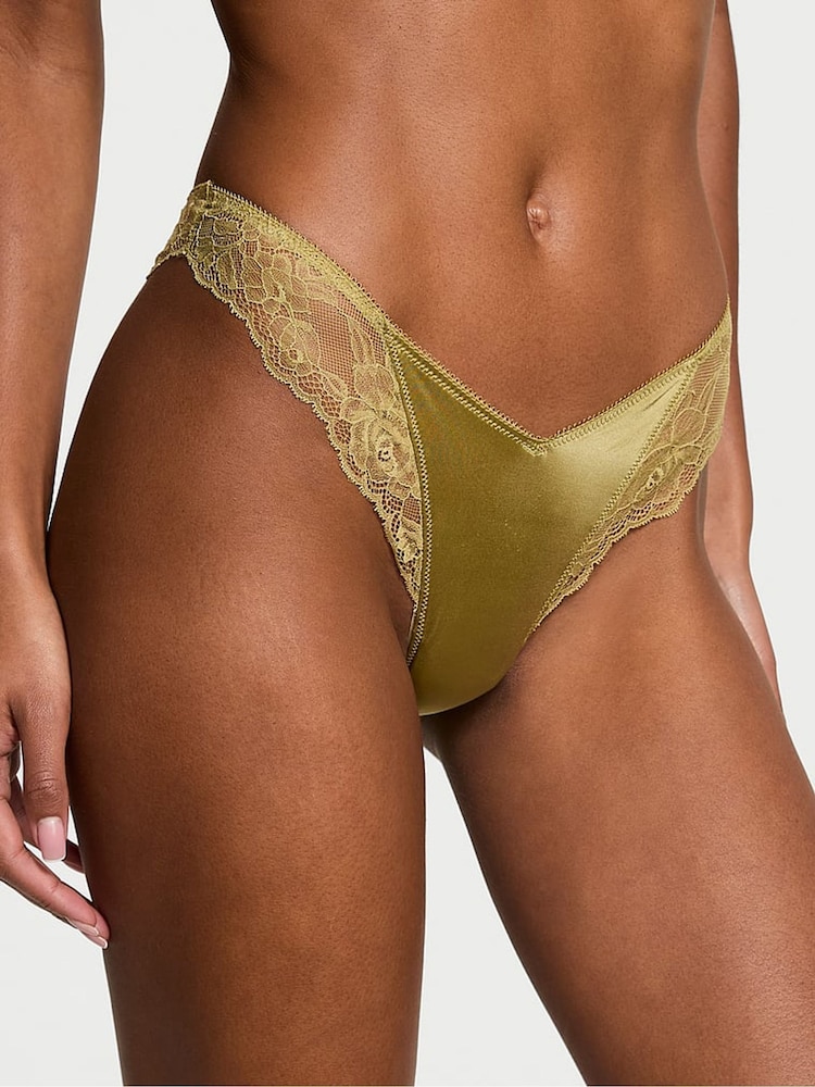 Victoria's Secret Moss Green Thong Rose Lace Trim Knickers - Image 1 of 2