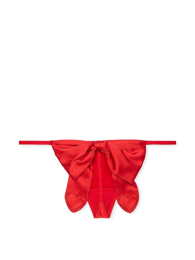Victoria's Secret Bright Vermillion Red Satin Heart Rhinestone Bow G-String Knickers - Image 3 of 3