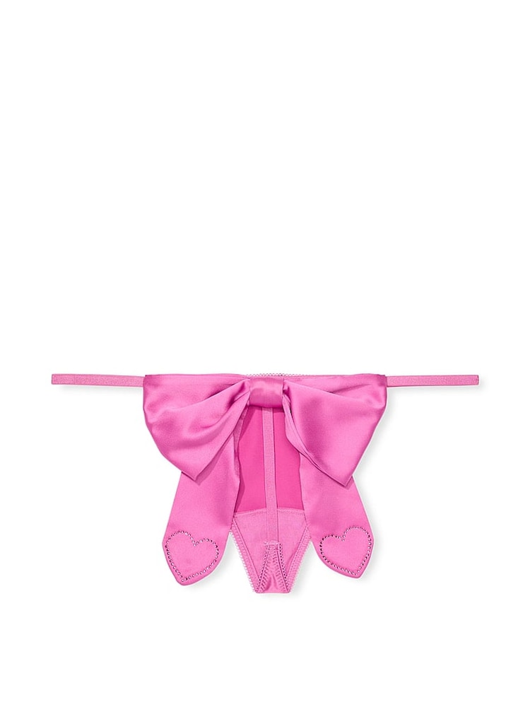 Victoria's Secret New Peony Pink Satin Heart Rhinestone Bow G-String Knickers - Image 2 of 2