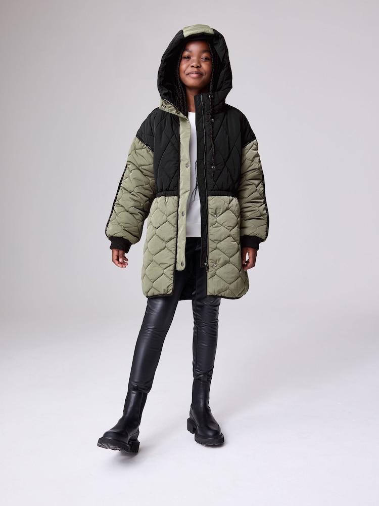 smALLSAINTS Black/Green Longline Quilted Jacket - Image 1 of 16