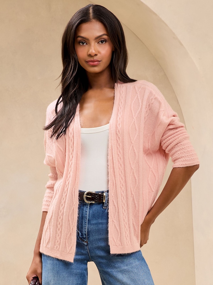 Lipsy Pink Petite Knitted Pretty Stitch Crochet Long Cardigan - Image 1 of 4