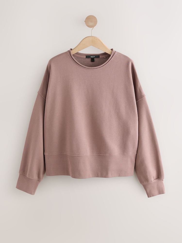 Dusky Purple Raw Hem Detail Washed 100% Cotton Crew Neck Sweatshirt - Image 1 of 3