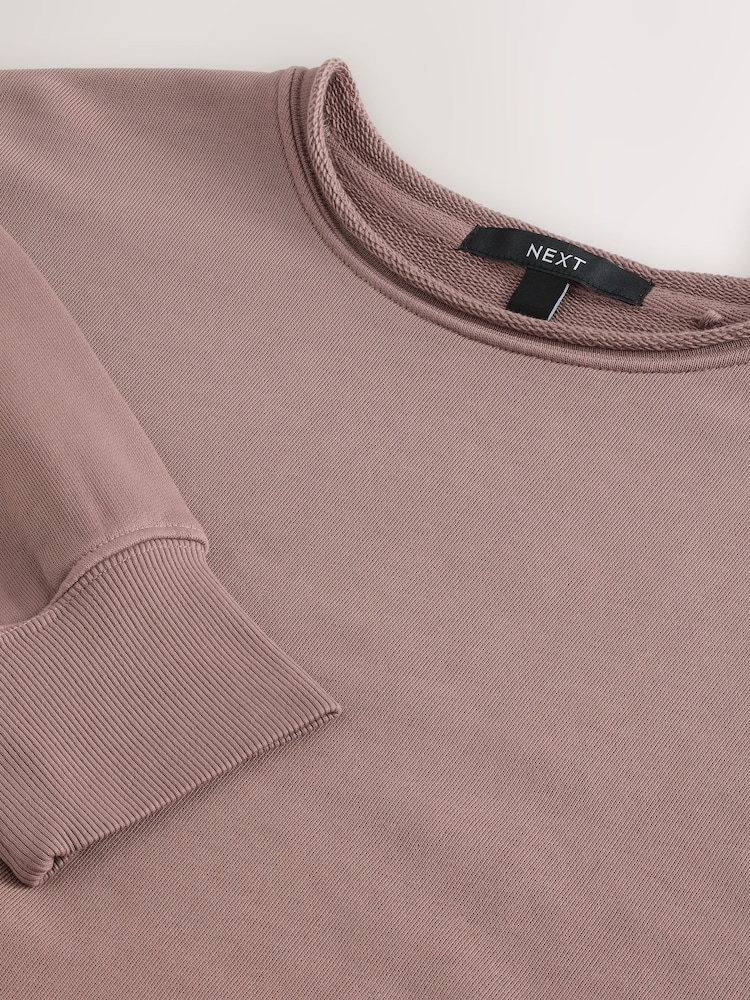 Dusky Purple Raw Hem Detail Washed 100% Cotton Crew Neck Sweatshirt - Image 3 of 3