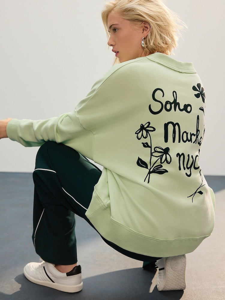 Green NYC Back Graphic Boyfriend Oversized Varsity Style Jersey Longline Cardigan - Image 1 of 8