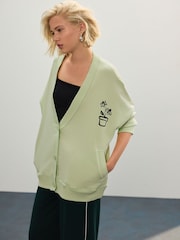 Green NYC Back Graphic Boyfriend Oversized Varsity Style Jersey Longline Cardigan - Image 2 of 8