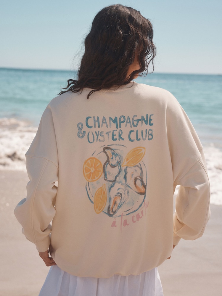 Ecru Oversized Champage and Oyster Club Fun Lemon Summer Longline Graphic Crewneck Sweatshirt - Image 2 of 4