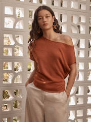 Rust Brown Draped Slash Neck Sheerknit Crochet Slouch Top - Image 1 of 7