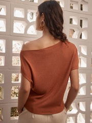 Rust Brown Draped Slash Neck Sheerknit Crochet Slouch Top - Image 2 of 7