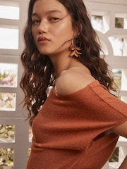 Rust Brown Draped Slash Neck Sheerknit Crochet Slouch Top - Image 3 of 7