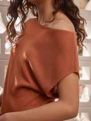 Rust Brown Draped Slash Neck Sheerknit Crochet Slouch Top - Image 4 of 7