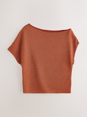 Rust Brown Draped Slash Neck Sheerknit Crochet Slouch Top - Image 5 of 7