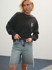Charcoal Grey Heavy Stitch Emboridery Summer Scenic Oriental Back Graphic 100% Cotton Sweatshirt Jumper - Image 2 of 9