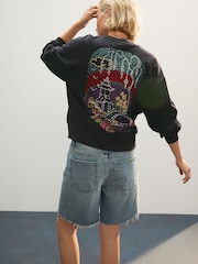 Charcoal Grey Heavy Stitch Emboridery Summer Scenic Oriental Back Graphic 100% Cotton Sweatshirt Jumper - Image 4 of 9