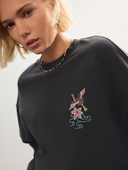 Charcoal Grey Heavy Stitch Emboridery Summer Scenic Oriental Back Graphic 100% Cotton Sweatshirt Jumper - Image 5 of 9
