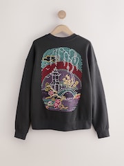 Charcoal Grey Heavy Stitch Emboridery Summer Scenic Oriental Back Graphic 100% Cotton Sweatshirt Jumper - Image 7 of 9