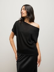 Black Draped Slash Neck Sheerknit Crochet Slouch Top - Image 1 of 8