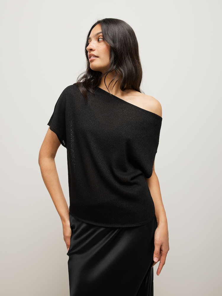 Black Draped Slash Neck Sheerknit Crochet Slouch Top - Image 1 of 8