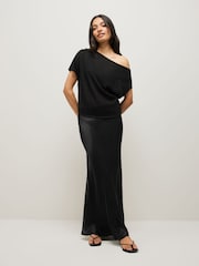 Black Draped Slash Neck Sheerknit Crochet Slouch Top - Image 2 of 8