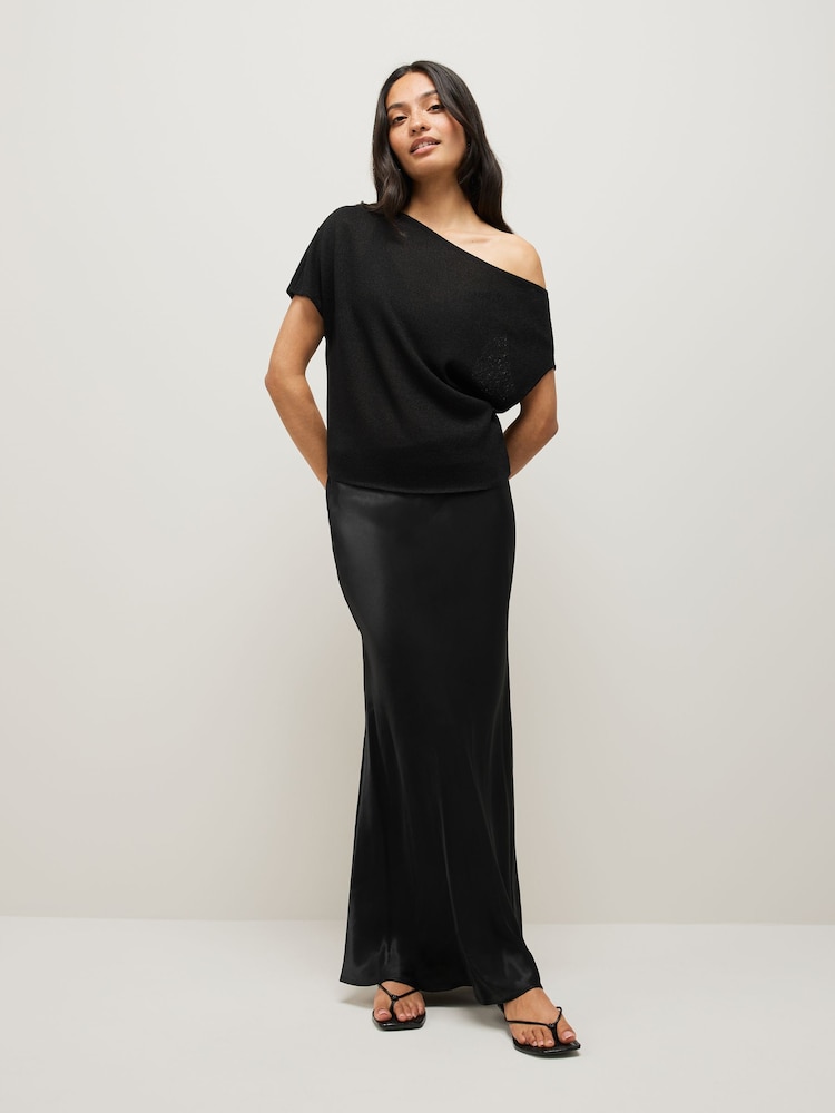 Black Draped Slash Neck Sheerknit Crochet Slouch Top - Image 2 of 8